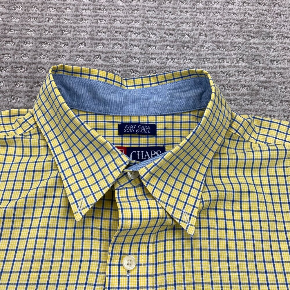 Vintage CHAPS Polo Shirt Men Large L Yellow Checkered Button Down Short Sleeves - Picture 2 of 9